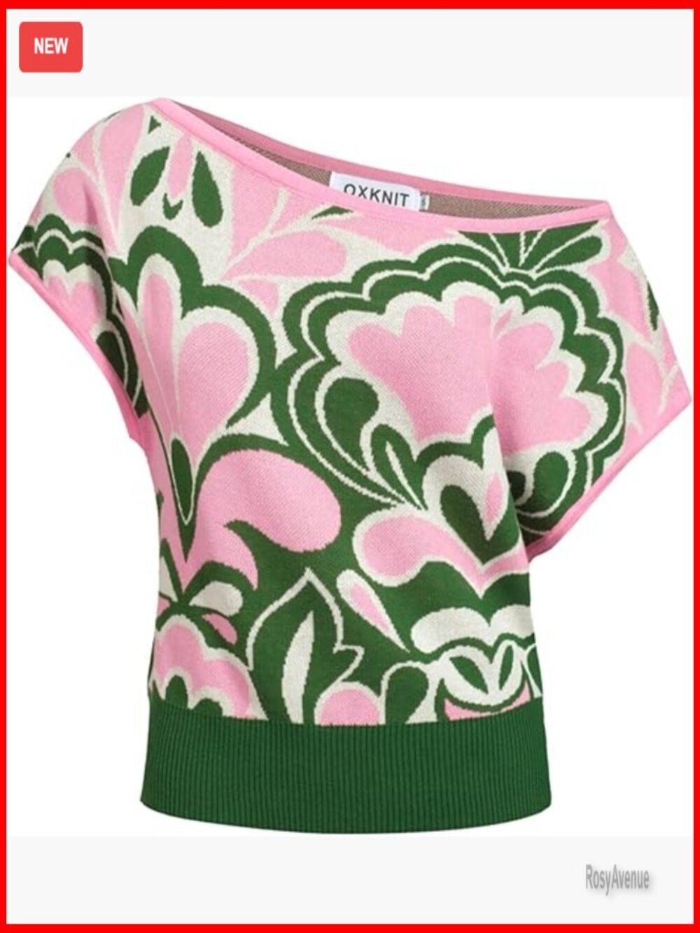 Women's Off Shoulder Knit T-Shirt, Retro Floral Pattern, Ribbed Hem, Cotton